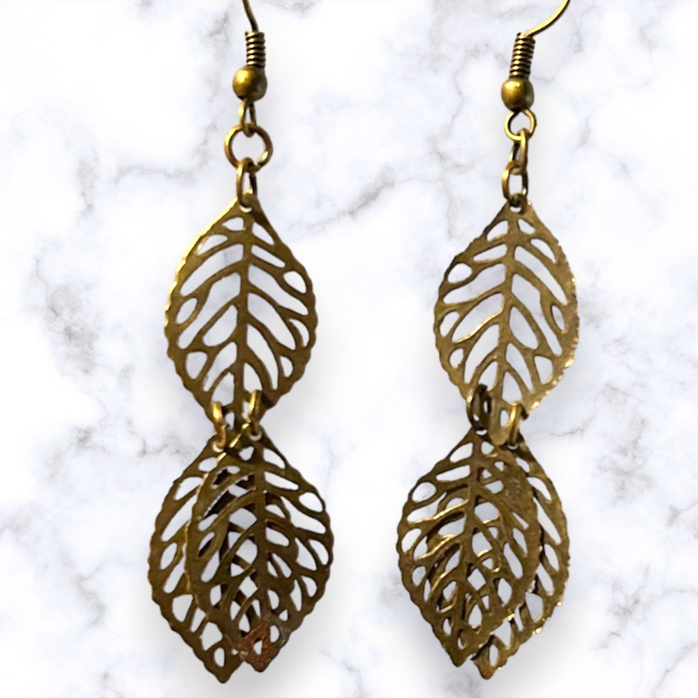 Handmade Leaf Earrings Brass Filigree Dangle Statement Leaves Pierced Boho - Picture 2 of 9